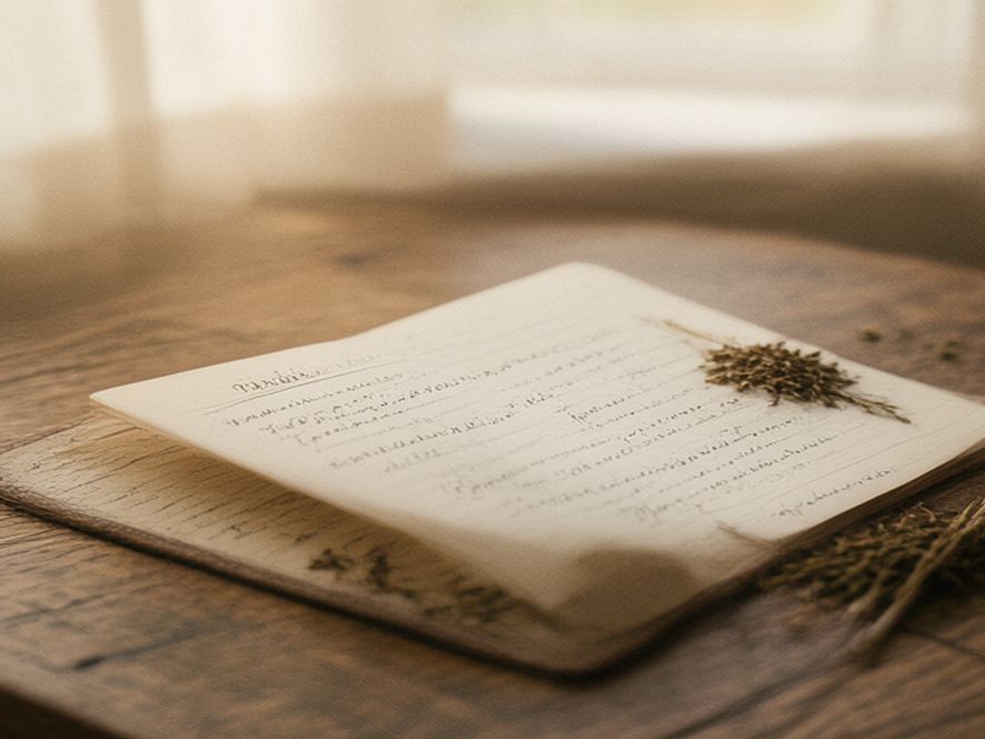 Open notebook with meal planning notes and herbs on a wooden table