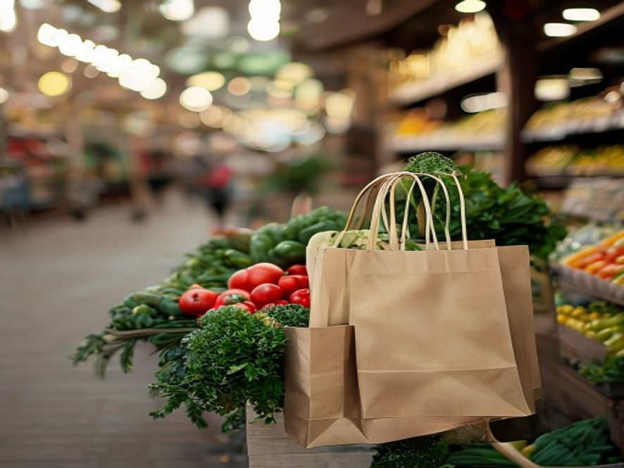 Fresh produce shopping bags with vegetables at farmers market or grocery